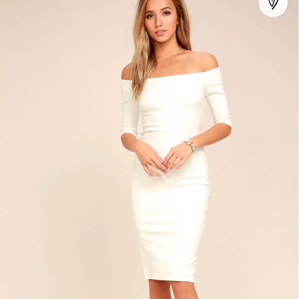 GIRL CAN'T HELP IT IVORY OFF-THE-SHOULDER MIDI DRESS from LULUS